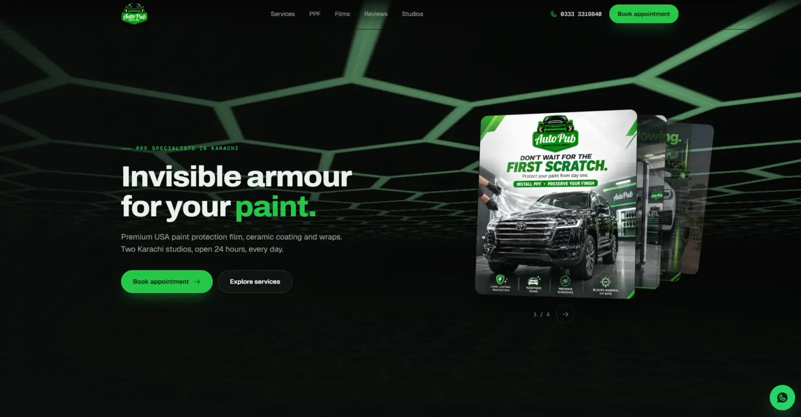 AutoPub Detailing website homepage, designed and built by Hashbrown Studios